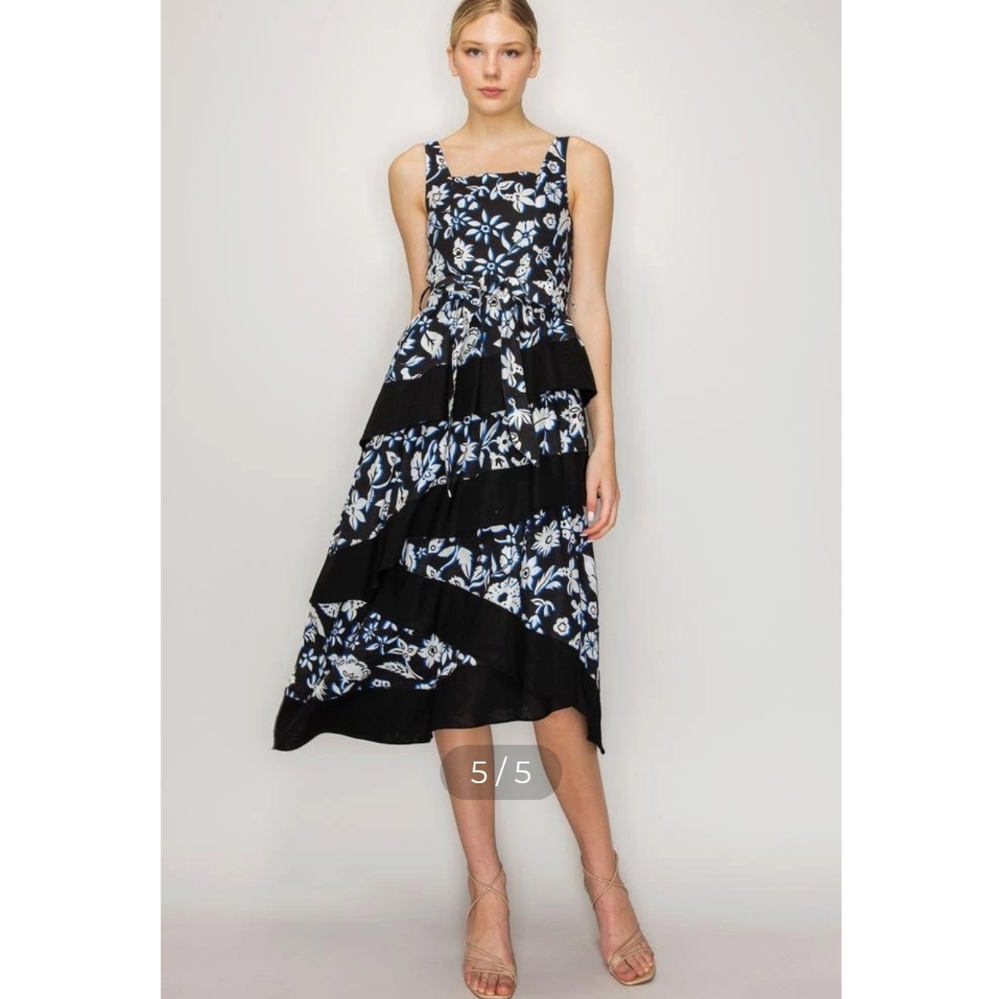 NWT Melloday Floral Smocked Asymmetric Ruffle Midi Dress Large